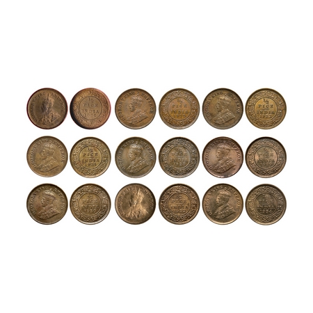 George V, Bronze ½ Pice (9 Coins), 1912, 1922, 1924, 1928, 1929, 1930, 1932 (NGS Slabbed M