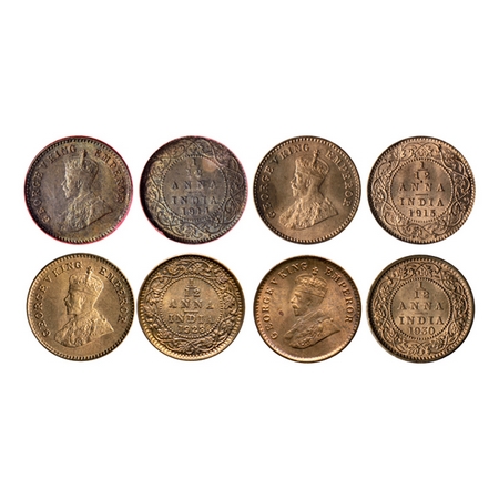 George V, Bronze 1/12 Anna (4 Coins), 1914 Bombay (NGS Slabbed MS 61), 1915 Calcutta, 1928