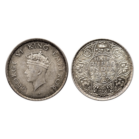 George VI, Silver, ½ Rupee, 1938, Bombay Mint, Type I. F.Prid 351. Toned Extremely Fine+, 