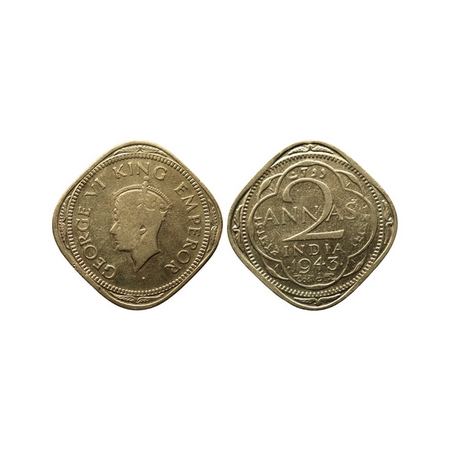 George VI, Nickel-Brass 2 Annas, 1943, Bombay Mint, Mule, Type T / II. Obv: 1944 die, Rev: