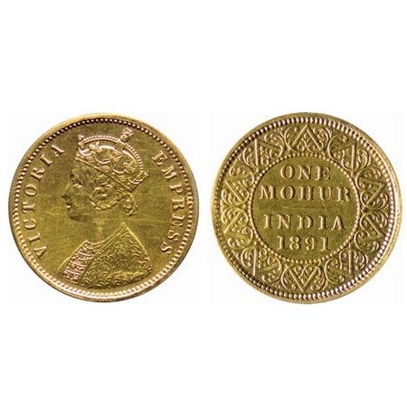 Victoria Empress, Gold Mohur, 1891, (Two flower type & V in relief). F.Prid. 24. About Ext