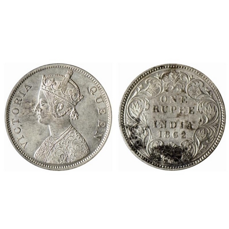 Victoria Queen, Silver Rupee, 1862, Calcutta Mint, B/III, embroidery in high relief. GK 24