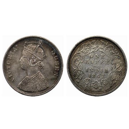 Victoria Queen, Silver Rupee, 1862, Calcutta Mint, A/III Half open top flower. GK 254. Abo