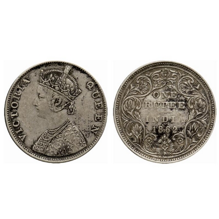Victoria Queen, Silver Rupee, 1862, Bombay Mint, B/II, narrow neck, raised embroidery, rei