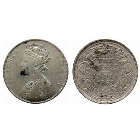 Victoria Queen, Silver Rupee, 1862, Bombay Mint, D/II, 5 panel, experimental coinage. GK 2