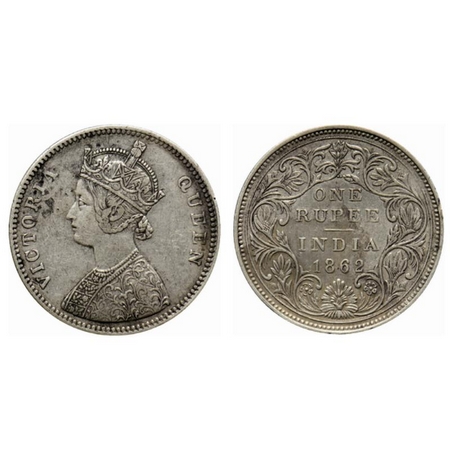 Victoria Queen, Silver Rupee, 1862, Bombay Mint, AII, 2/0. edge nick on reverse. GK 289. V
