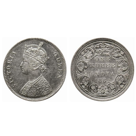 Victoria Queen, Silver Rupee, 1862, Bombay Mint, A/II, 0/4 dots without initial 'J', Top f