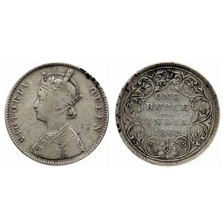 Victoria Queen, Silver Rupee, 1862, Bombay Mint, A/II, 0/9 dots. GK 335. Fine, Rare.