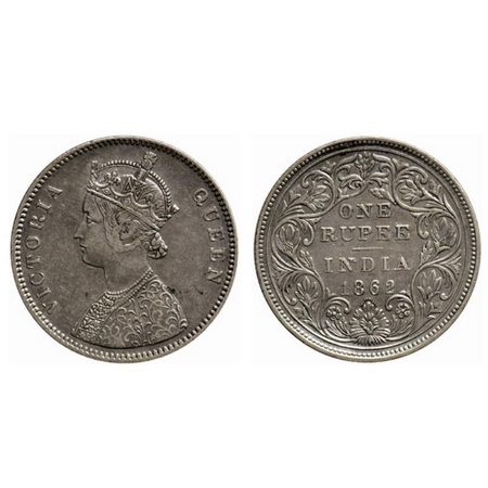Victoria Queen, Silver Rupee, 1862, Bombay Mint, A/II, 0/10 dots. GK 338. About Very Fine,