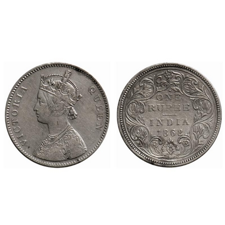 Victoria Queen, Silver Rupee, 1862, Bombay Mint, A/I, 1/1 dots, without intitial J. GK 348