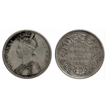 Victoria Queen, Silver Rupee, 1862, Bombay Mint, A/II, 1/2 dots, with intitial J. GK 357. 
