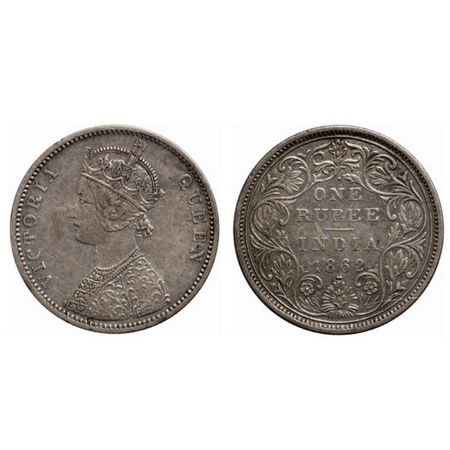 Victoria Queen, Silver Rupee, 1862, Bombay Mint, A/II 1/2 dots, with intitial J. GK 357. A