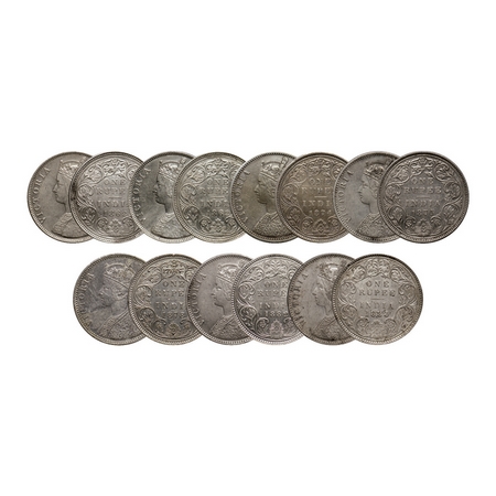 Victoria Queen / Empress, Silver Rupee (7 Coins), 1862 Bombay Mint B/II/, 2/0, 1862 Bombay