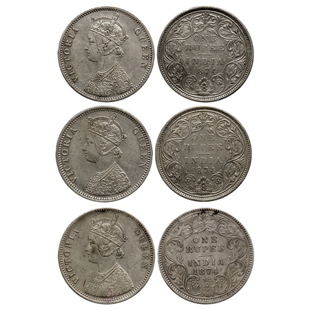 Victoria Queen, Silver Rupee (3 Coins), 1874, Bombay Mint A2/II no dot, Bombay Mint C1/II 