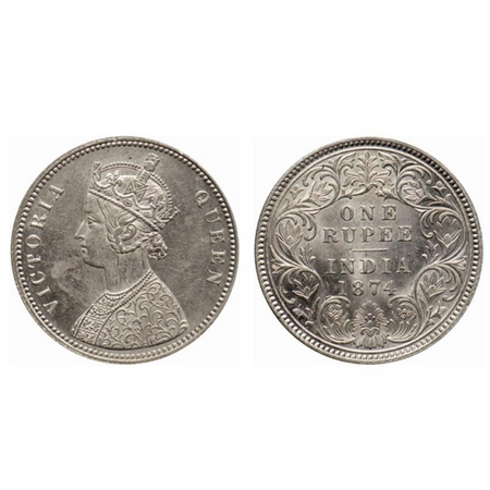 Victoria Queen, Silver Rupee, 1874, Calcutta Mint, A1/I, no mint mark. GK 418. Uncirculate