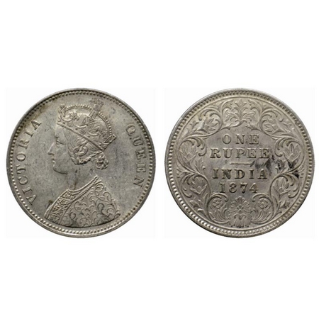 Victoria Queen, Silver Rupee, 1874, Calcutta Mint, A1/I,. no mint mark. GK 418. About Extr