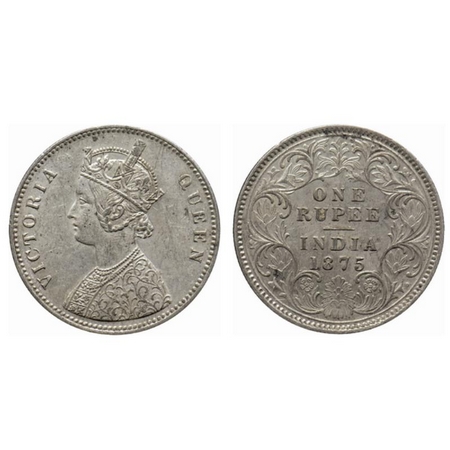 Victoria Queen, Silver Rupee, 1875, Calcutta Mint, A1/I. no mint mark. Top stroke of numer