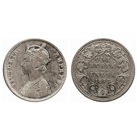 Victoria Queen, Silver Rupee, 1877, Bombay Mint, A3/II(i) dot. Thin numeral 77. GK 441. Ab