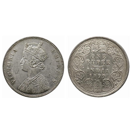 Victoria Empress, Silver Rupee, 1877, Calcutta Mint, A1/I. no mint mark. Thick numeral '77