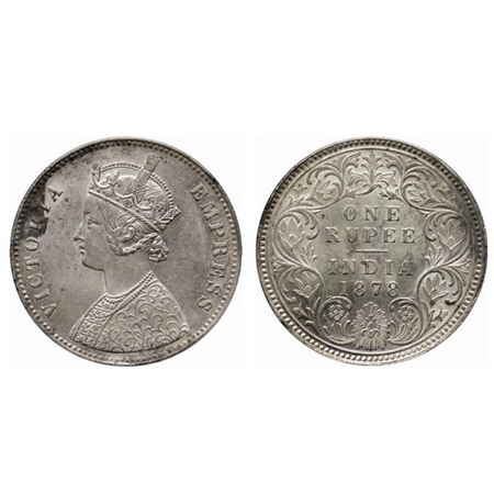 Victoria Empress, Silver Rupee, 1878, Calcutta Mint, A1/I. no mint mark. Ghost on reverse.