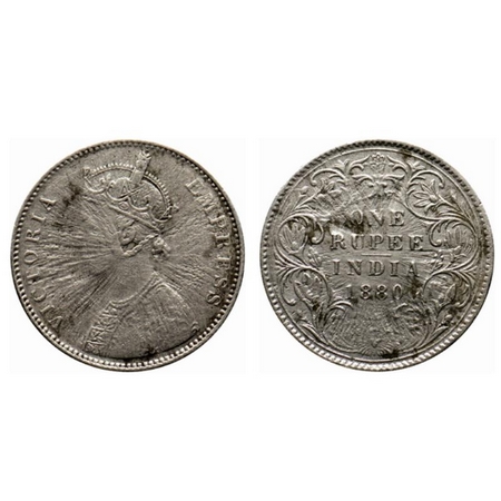 Victoria Empress, Silver Rupee, 1880, Bombay Mint, A3/II, Sunburst Error, dot seen between