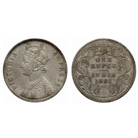 Victoria Empress, Silver Rupee, 1881, Calcutta Mint, A1/I, C incused. GK 471. About Very F