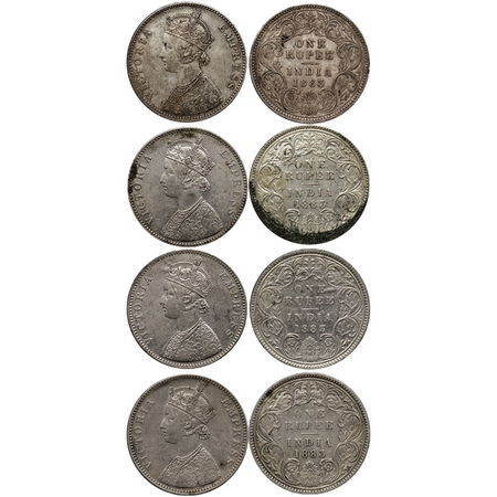Victoria Empress, Silver Rupee (4 Coins), 1883, Bombay Mint, A3/I, no dot. GK 476. About V