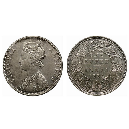 Victoria Empress, Silver Rupee, 1884, A3/II, Bottom, B raised. GK 487. About Very Fine, Sc
