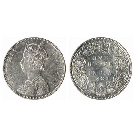 Victoria Empress, Silver Rupee, 1884, Bombay Mint, A3/I, B raised. GK 489. Extremely Fine.