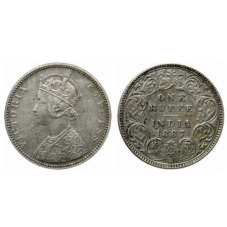 Victoria Empress Silver Rupee, 1887, Bombay Mint, C2/I, B incused inverted. GK 543. Very F