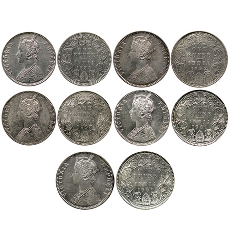 Victoria Empress, Silver Rupee (5 Coins), 1888/Bombay A3/I, B raised, 1892/Bombay C2/I, 'B
