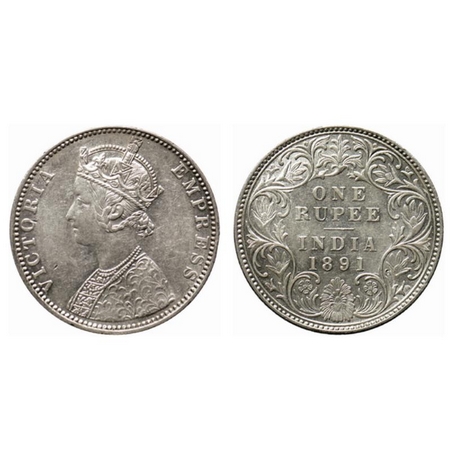 Victoria Empress, Silver Rupee, 1891, Bombay Mint. C2/I, B incused on top. GK 569. Extreme