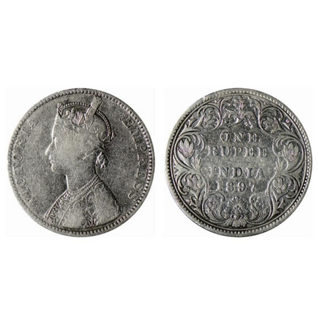 Victoria Empress, Silver Rupee, 1897 Bombay Mint, C2/I(ii), B incused. GK 581. Fine+. Rare