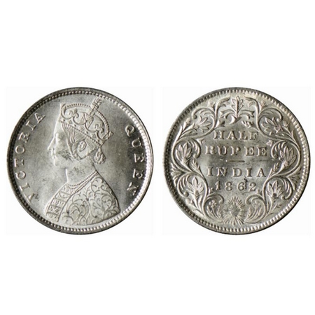 Victoria Queen, Silver ½ Rupee, 1862, Bombay Mint, B1/2. GK 371. Uncirculated, Rare.
