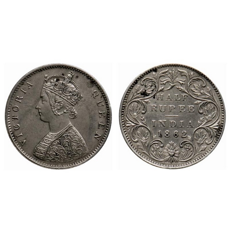Victoria Queen, Silver ½ Rupee, 1862, Bombay Mint, B1/II, Round pearls with raised veins i