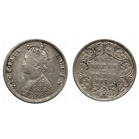 Victoria Queen, Silver ½ Rupee, 1874, Bombay Mint, B1/II, dot. GK 599. Very Fine, Scarce.