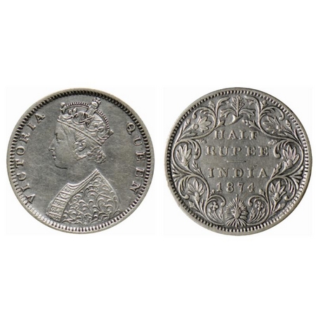 Victoria Queen, Silver ½ Rupee, 1874, Bombay Mint, B1/II, dot. GK 599. Very Fine+, Scarce.