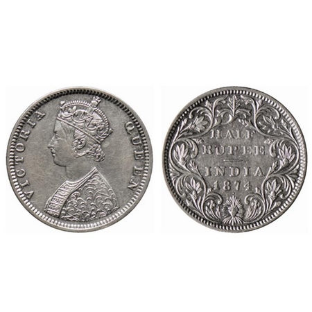 Victoria Queen, Silver ½ Rupee, 1874, Bombay Mint, B2/II, dot. GK 600. Very Fine+, Scarce.
