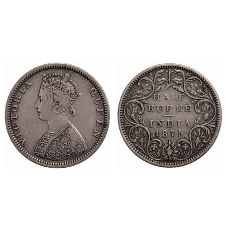 Victoria Queen, Silver ½ Rupee, 1875, Bombay Mint, B2/II dot below year. GK 602. About Ver