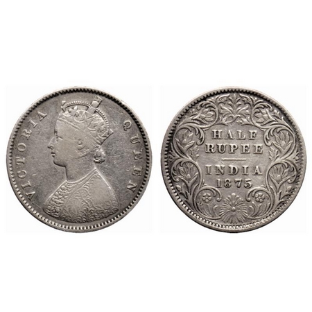 Victoria Queen, Silver ½ Rupee, 1875, Calcutta Mint, A/I, Numeral 1 of year in a short hor