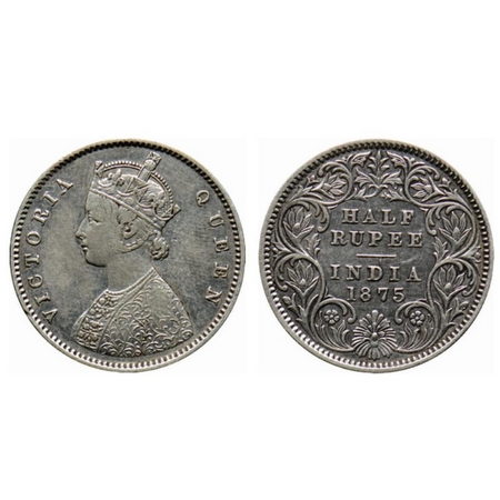 Victoria Queen, Silver ½ Rupee, 1875, Calcutta Mint, A/I, no mint mark. Normal position of