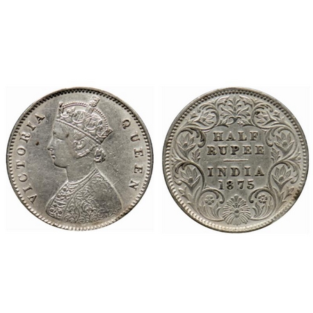 Victoria Queen, Silver ½ Rupee, 1875, Calcutta Mint, A/I, no mint mark, Tilted numeral '7'