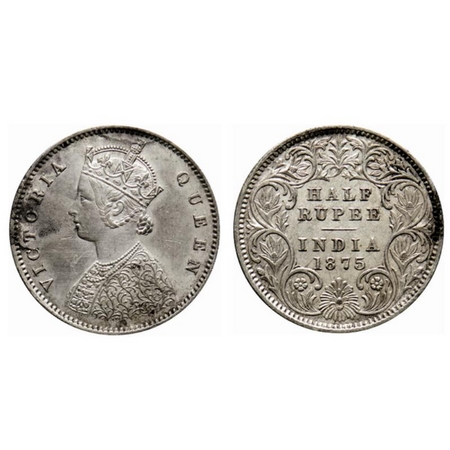 Victoria Queen, Silver ½ Rupee, 1875, Calcutta Mint, A/I, no mint mark. Tilted position of
