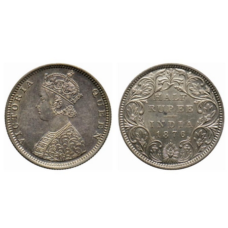 Victoria Queen, Silver ½ Rupee, 1876, Bombay Mint, B1/II, dot below year. GK 605. Almost U