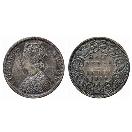 Victoria Queen, Silver ½ Rupee, 1876, Bombay Mint, B2/II, dot below year. GK 606. Very Fin