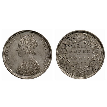 Victoria Empress, Silver ½ Rupee, 1877, Bombay Mint, B2/II dot. GK 608. Extremely Fine, Sc