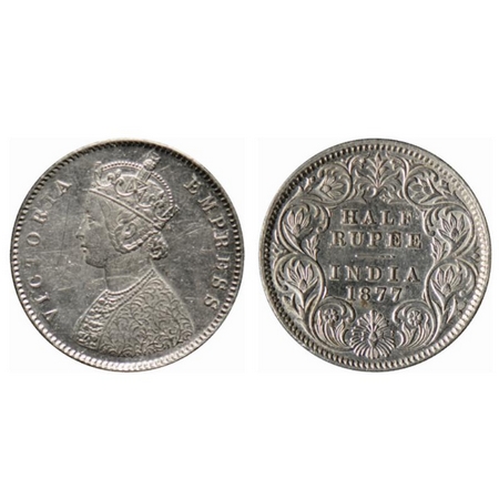 Victoria Empress, Silver ½ Rupee, 1877, Calcutta Mint, A/I, no mint mark. GK 611. Very Fin