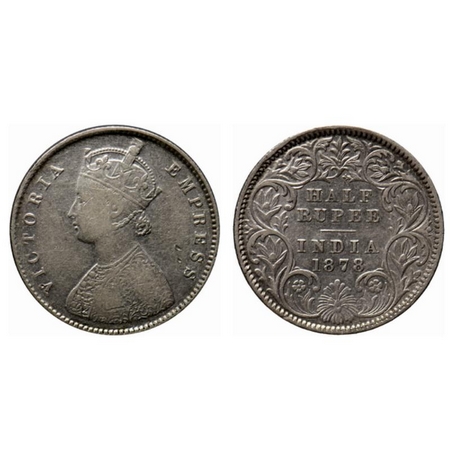 Victoria Empress, Silver ½ Rupee, 1878, Calcutta Mint, A/I, no mimt mark. GK 612. Fine+. S