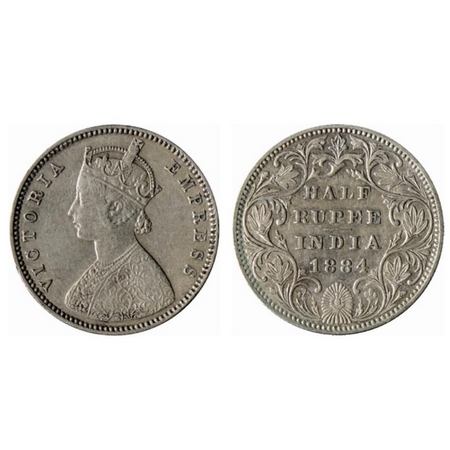 Victoria Empress, Silver ½ Rupee, 1884, Bombay Mint, A/II, no dot, center vertical stroke 
