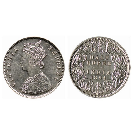 Victoria Empress, Silver ½ Rupee, 1884, Calcutta Mint, A/I, C incused. GK 628. Extremely F